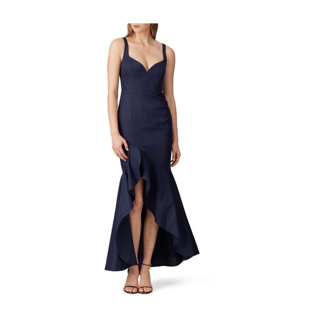 Fame & Partners Navy Blue Ruffled High-Low Formal Gown Dress Size 10 Sweetheart